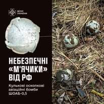 Це кулькові осколкові авіаційні бомби ШОАБ-0,5 
 Ними ворог дистанційно мінує нашу землю. Зовні вони